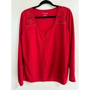 Ambrielle Women's Long Sleeve Red Tee with Lace Inserts at the Shoulder, Size XL